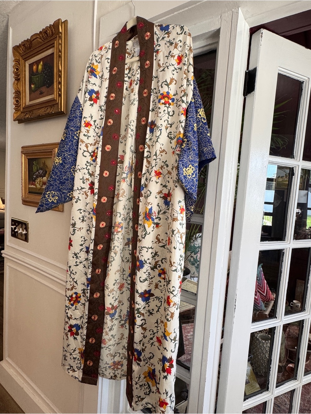 Floral Kimono Robe with Contrast Blue Sleeves